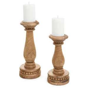 Candle Holder - Wood with Beaded Base - Natural